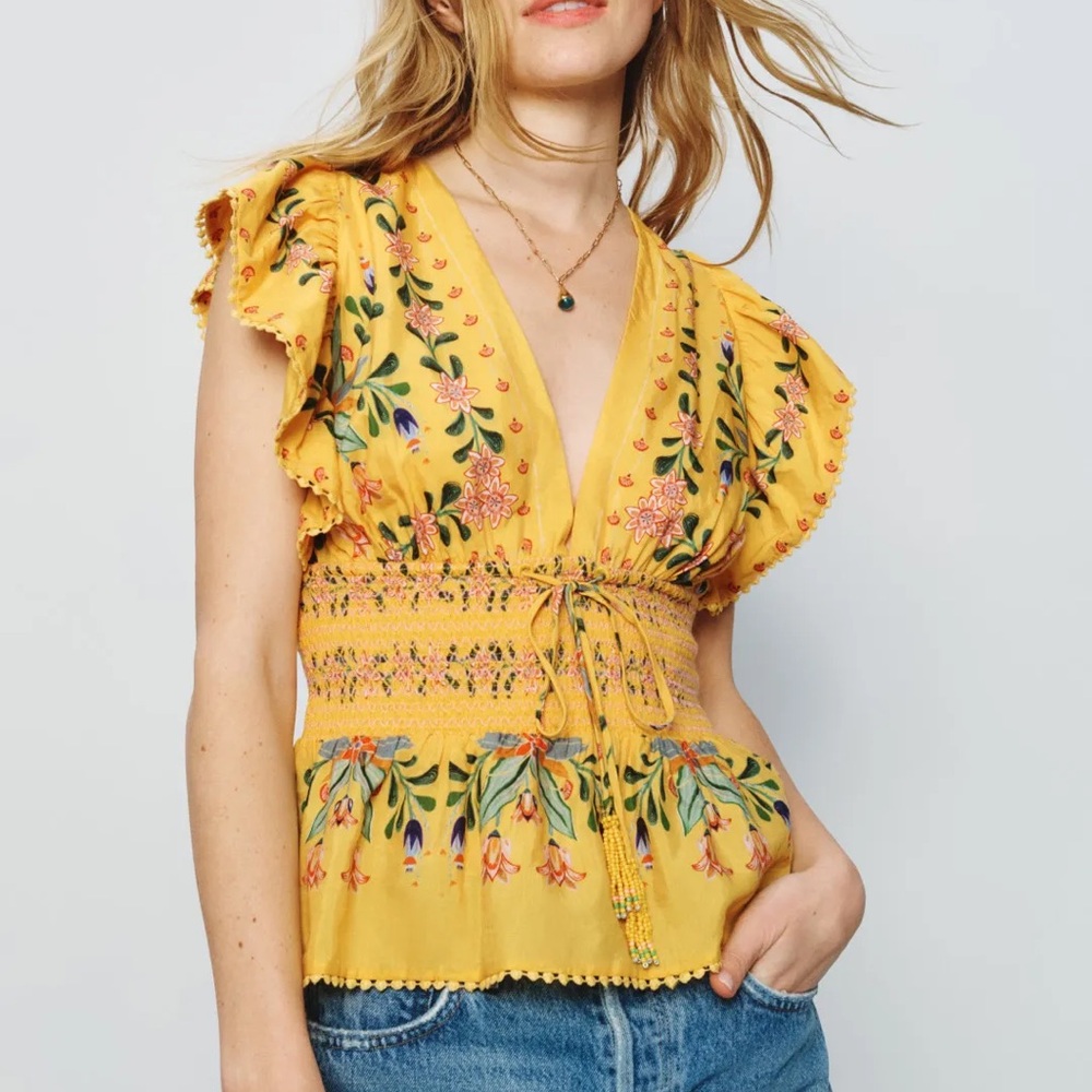 Farm Rio NWT yellow Delicate Flowers Stripes Blouse M